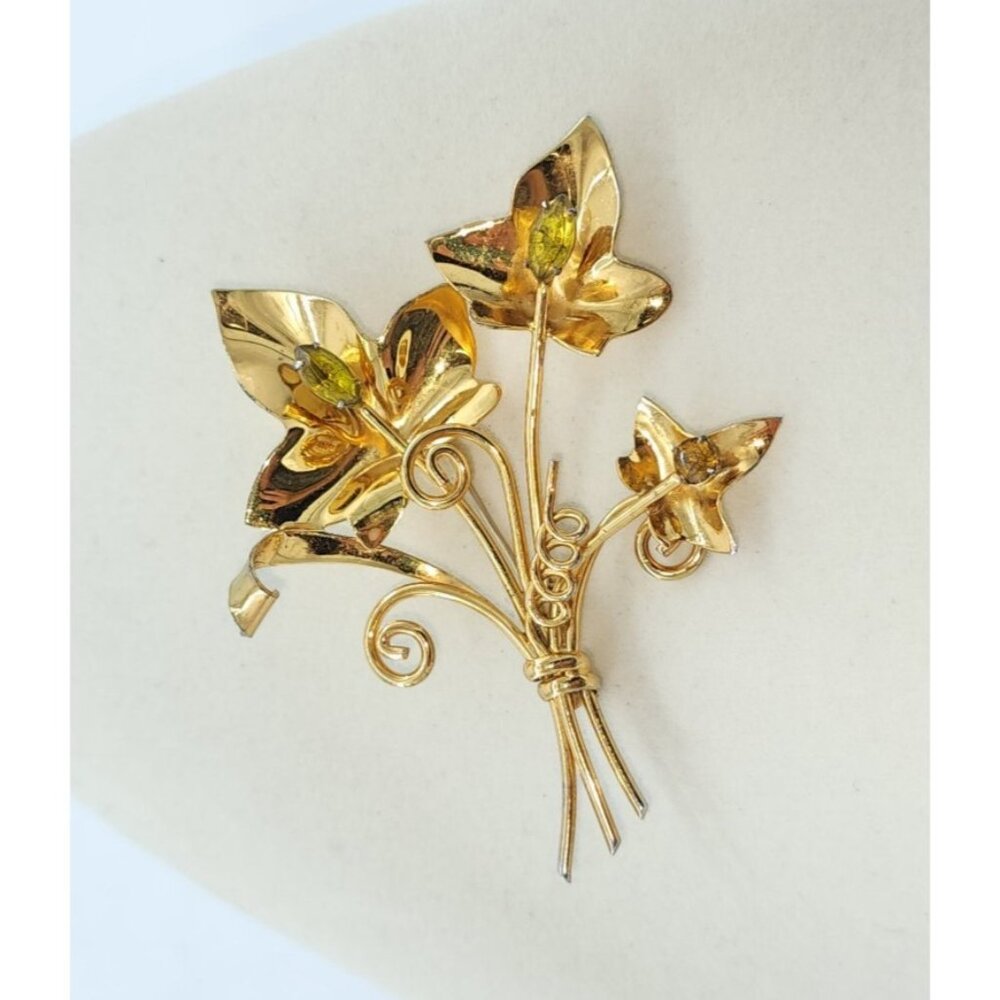 Vintage Unbranded Sterling‎ Gold Toned Vermeil Floral Bouquet Brooch Pin Peridot